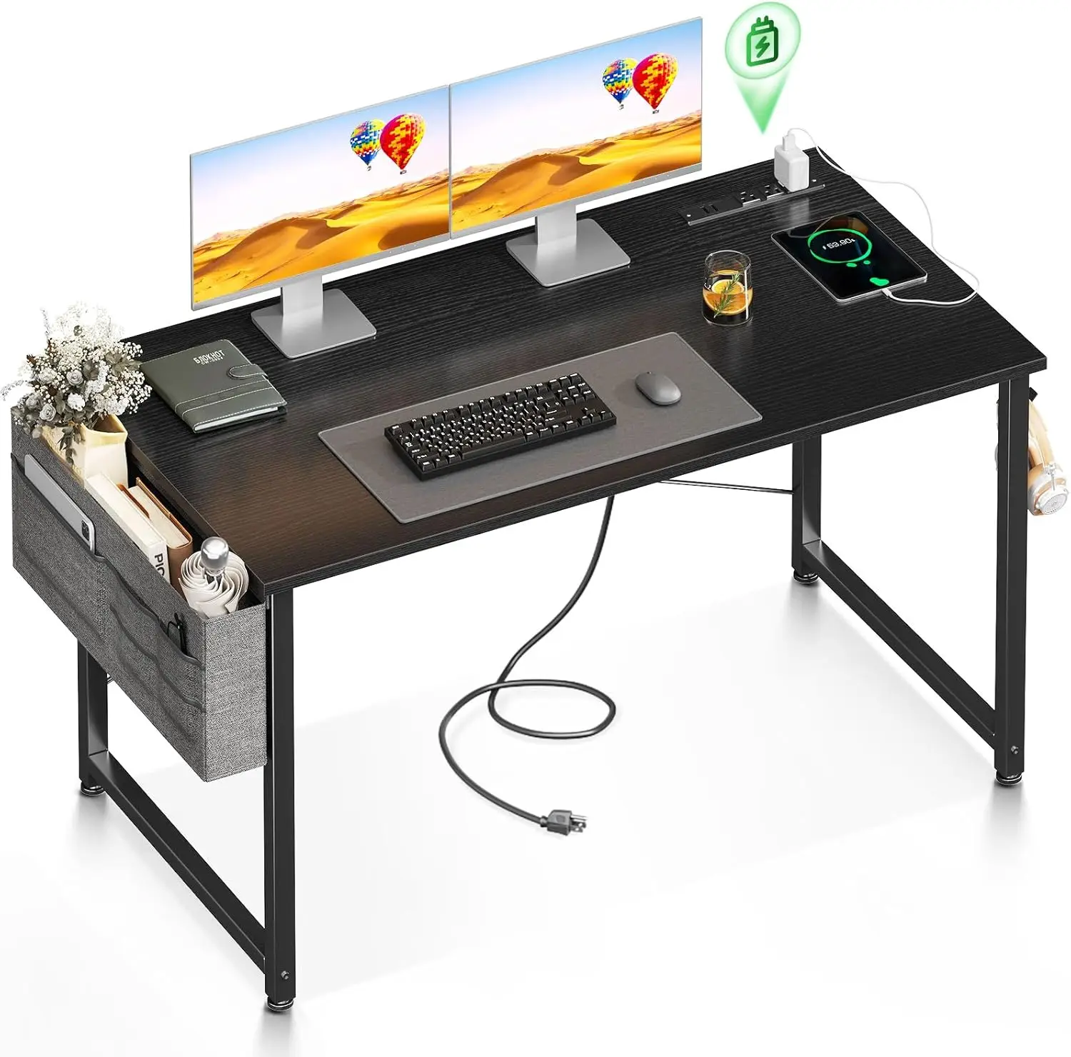 

Computer Desk - 48 H Office Writing Desk For Home, Student Study Desk With Storage Bag, Headphone Hook & Power Outlets, Modern