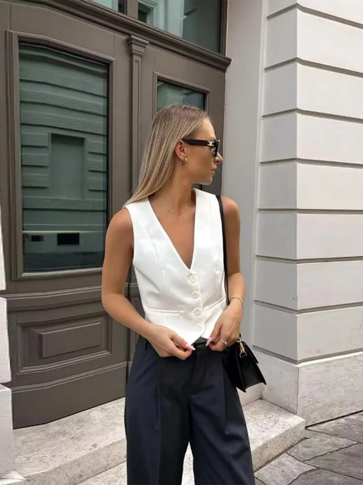 

Fashion Single-breasted Women's Vest Elegant Deep V Neck Sleeveless Pockets Female Tank Chic Solid Lady Office Outerwears 2025