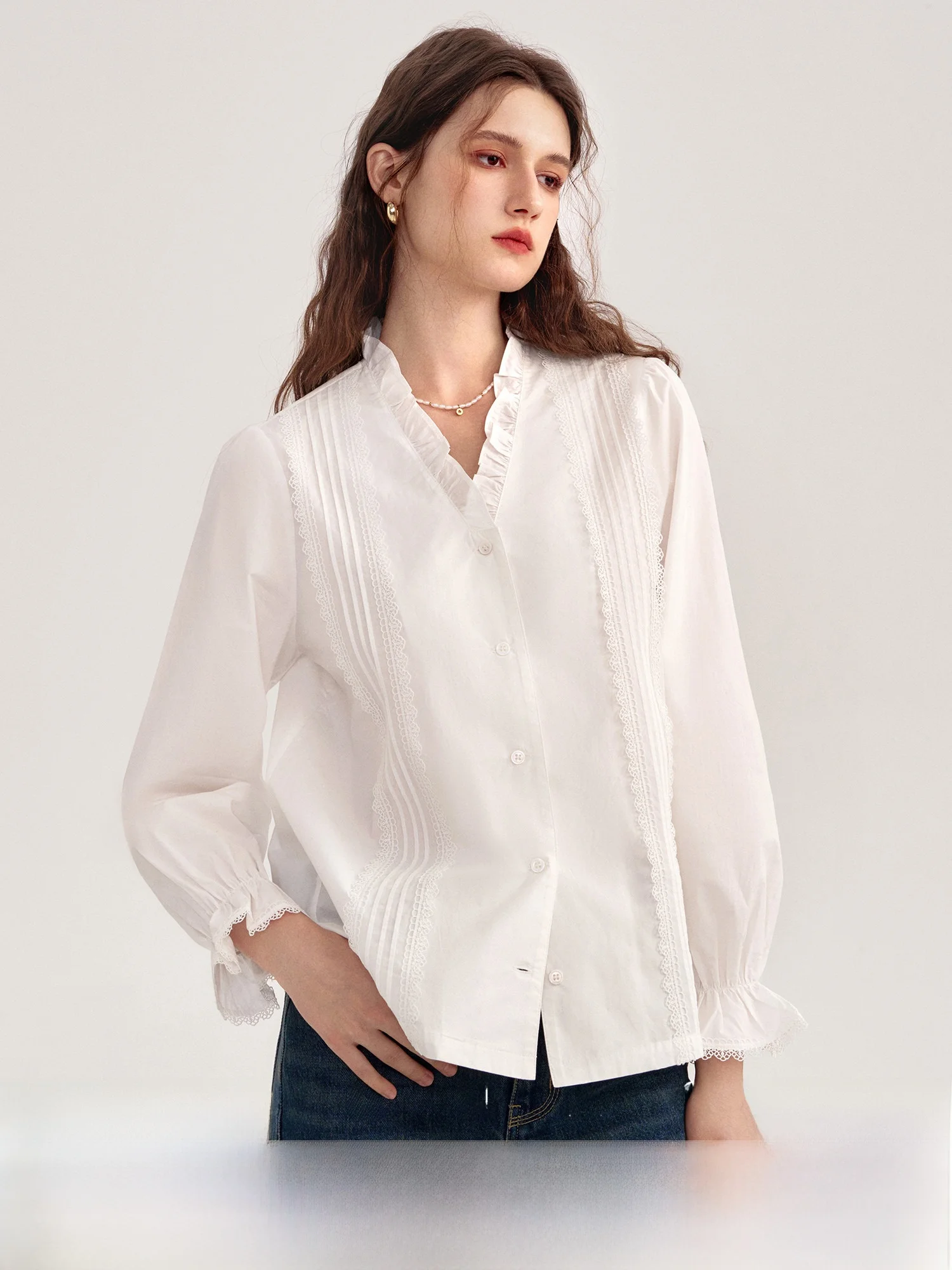 

100% хлопковая блузка с V-образным вырезом, рюшами и цветочным принтом, с длинными рукавами, простой дизайн для женщин