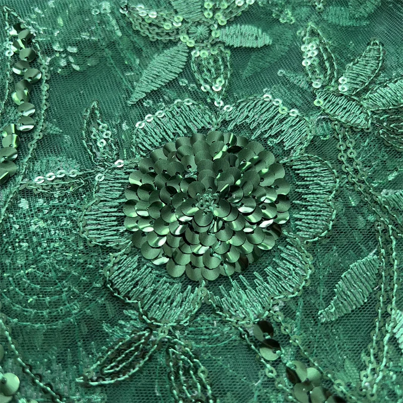 Green French Mesh Lace Fabric Sequins Embroidered Tulle African Lace Fabric 2024 High Quality Luxury Bride Wedding Dress A3845