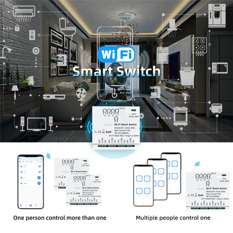 4CH EWeLink WiFi Smart Switch RF433 85-265V 2.4G WiFi Smartlife Home Automation Module for IFTT Alexa Google Home