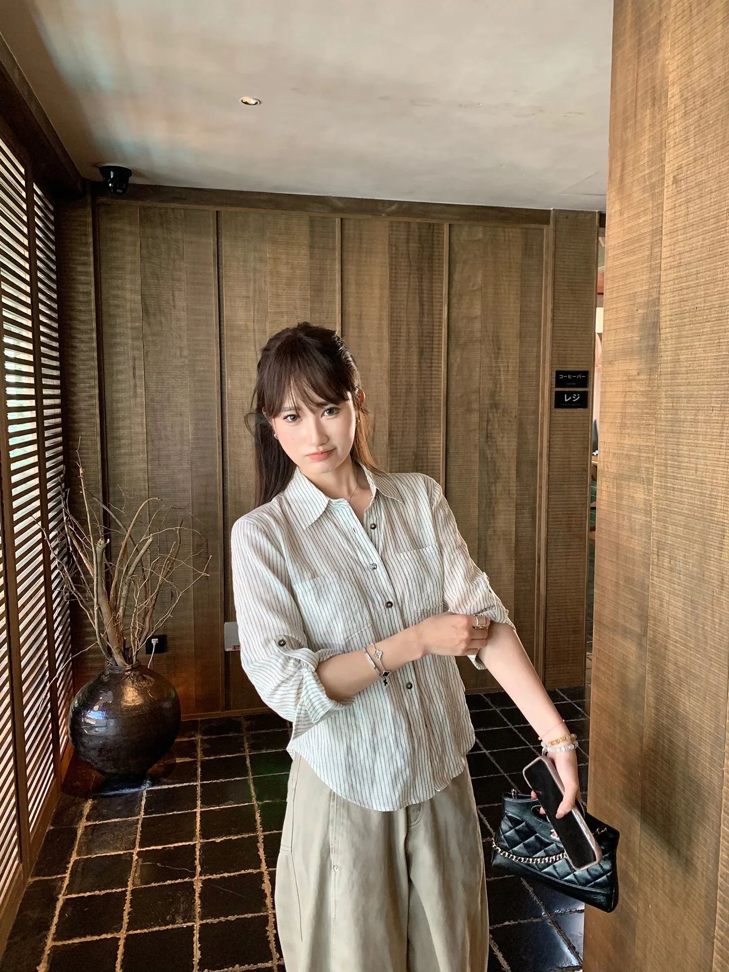 

White Studio Casual Stripe Sve Women's Long Sve irt Versatile Slimming Top Comfortable Breathable Cotton Blend