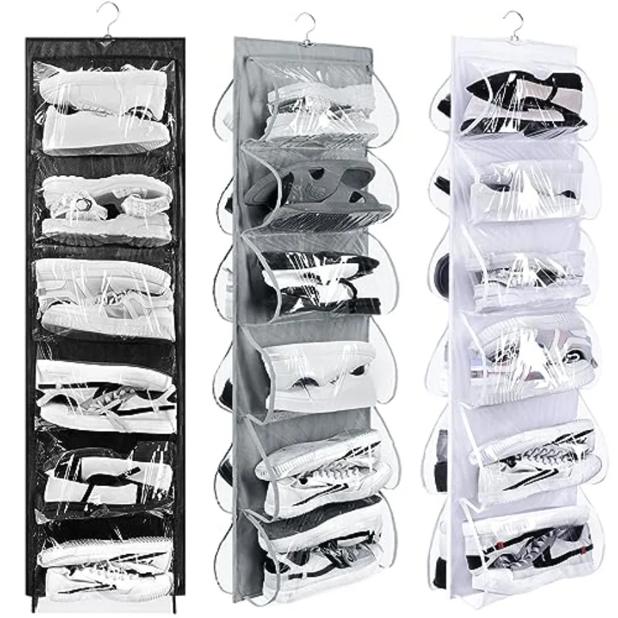

3 Pcs Dual Sided Hanging Shoe Organizer 12 Clear Pockets Mesh Hanging Shoe Rack Holder with Rotating Hanger for Closet Storage