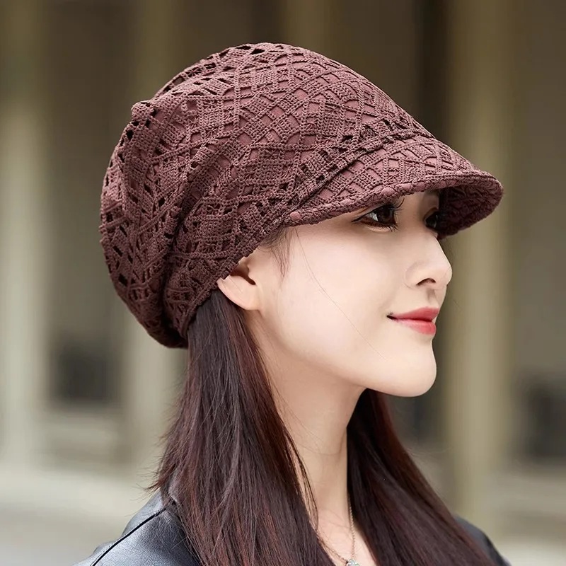 Casual Soft Beanies Cap Short Brim Bonnets for Women Loose Crochet Women Baseball Cap Autumn Winter Foldable Earflap Hats Hollow