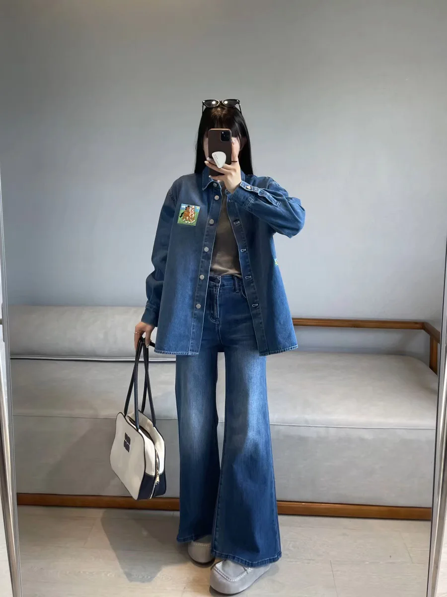 

Весна 2026: Новая женская джинсовая рубашка-бойфренд с вышивкой, повседневная, свободного кроя, с длинным рукавом, из премиального хлопка, деформируемая