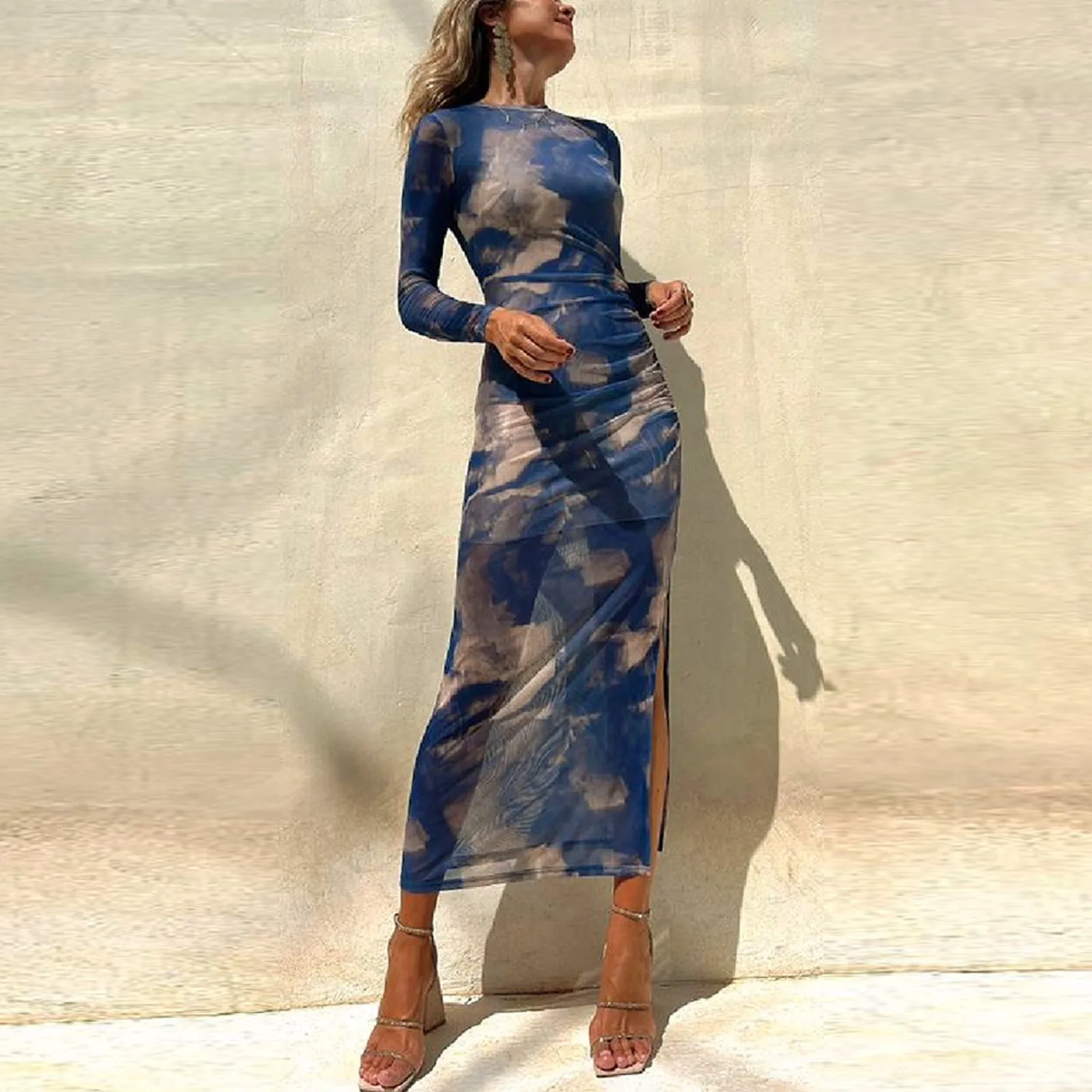 Robe de Soirée en Maille Transparente pour Femme, Tenue à Manches sulf, Fente Latérale, Imprimé Floral, 2025