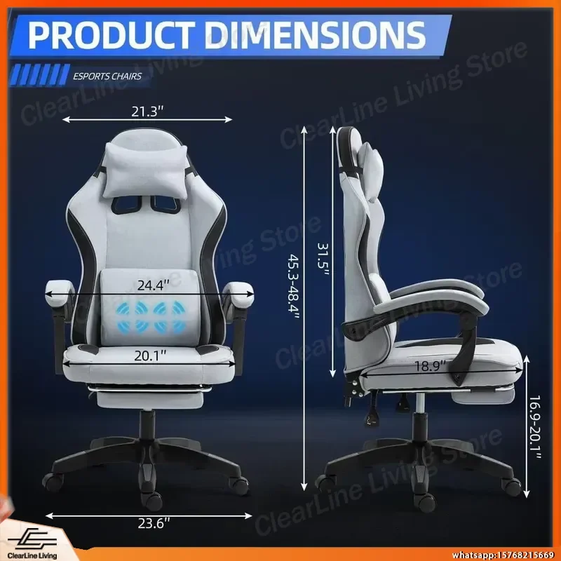 Ergonomic Gaming Chair with Massage Function Adjustable Reclining Swivel Office Chair for PC Gamers Grey Fabric Racing Style