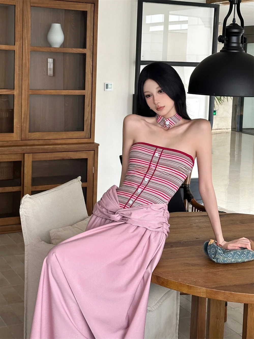 

Heavyweight Striped Halter Neck Patchwork Color Block Fake Two-Piece Tube Dress Women Summer A-Line Maxi Skirt Long Dress