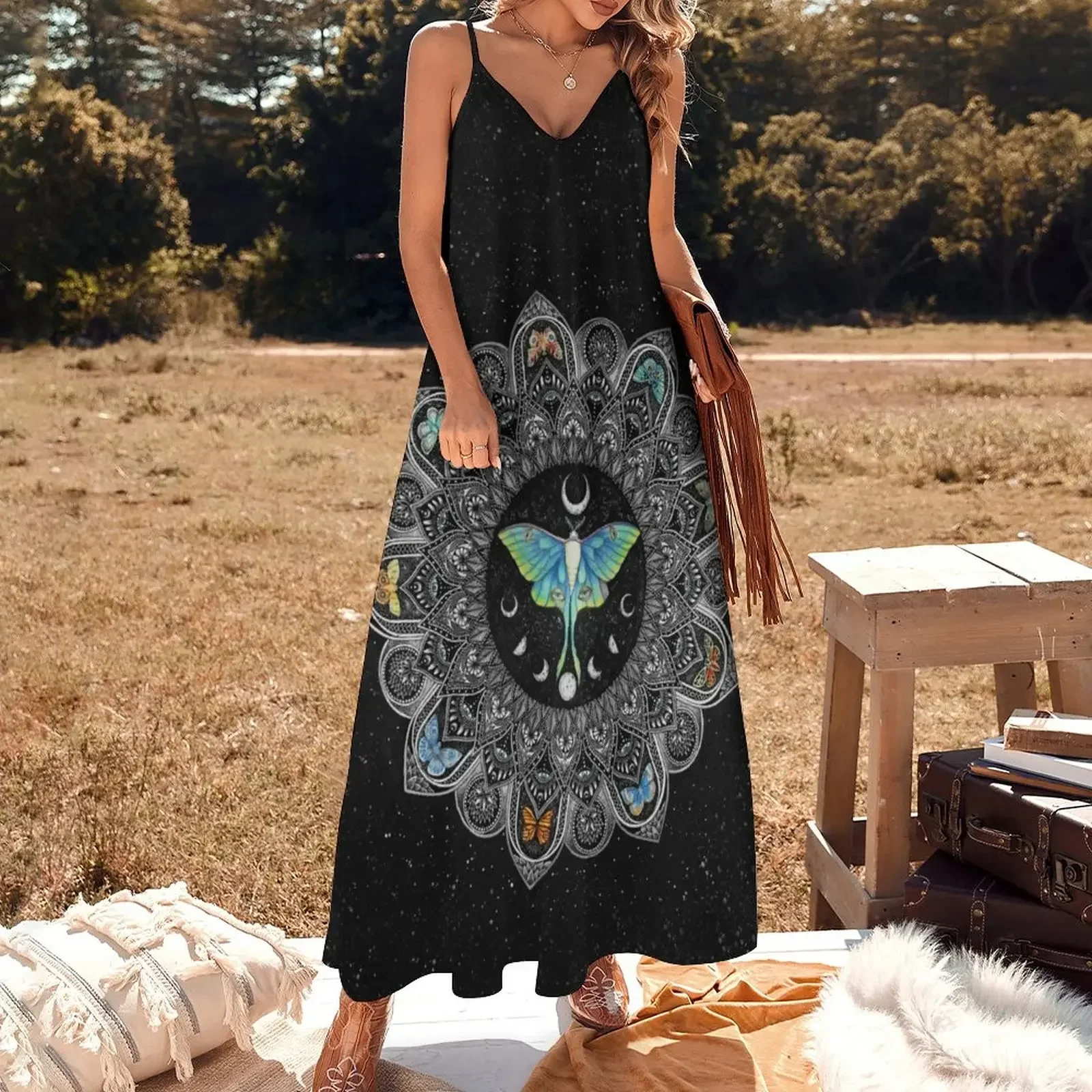 Lunar Moth Mandala with Background Sleeveless Dress cute dress prom clothes Dress