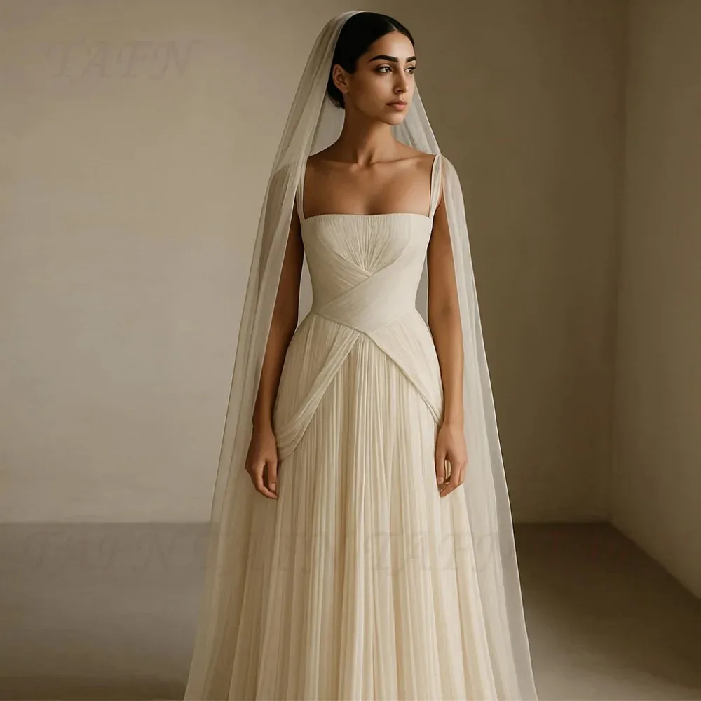 A Line Wedding Dress Spaghetti Straps Pleated Chiffon Zipper Back Sweep Train