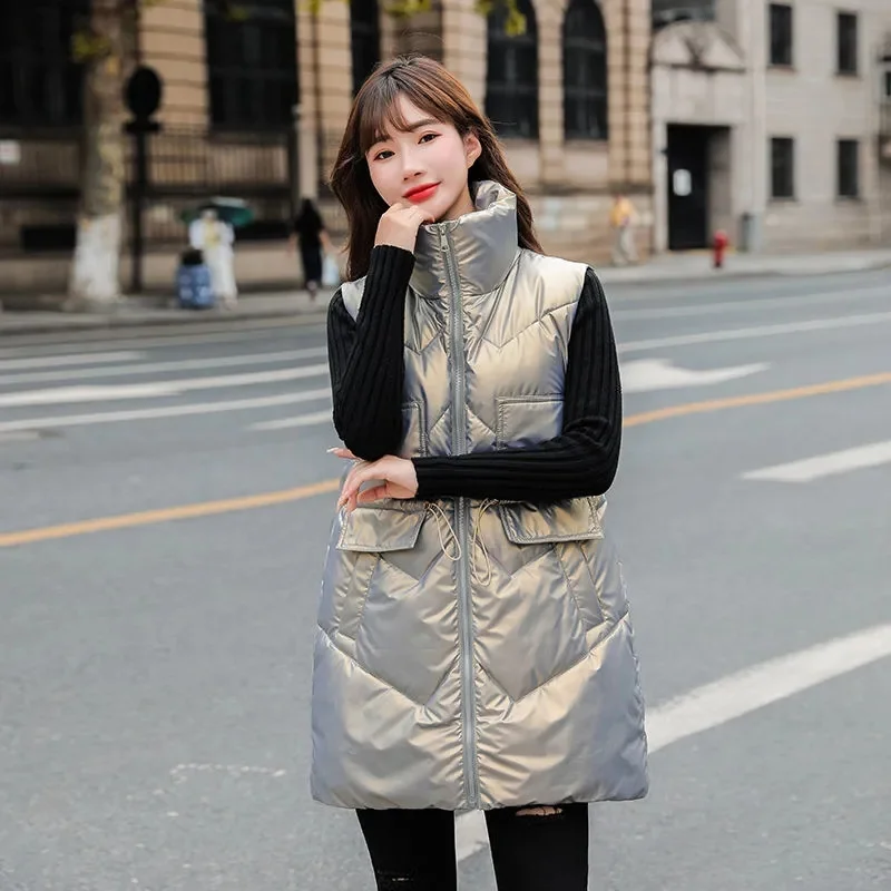 

Pop Autumn Winter Glossy Down Cotton Vest Parkas Women Mid-length Loose Ladies Casual Waistcoat Female Sleeveless Vest Jacket