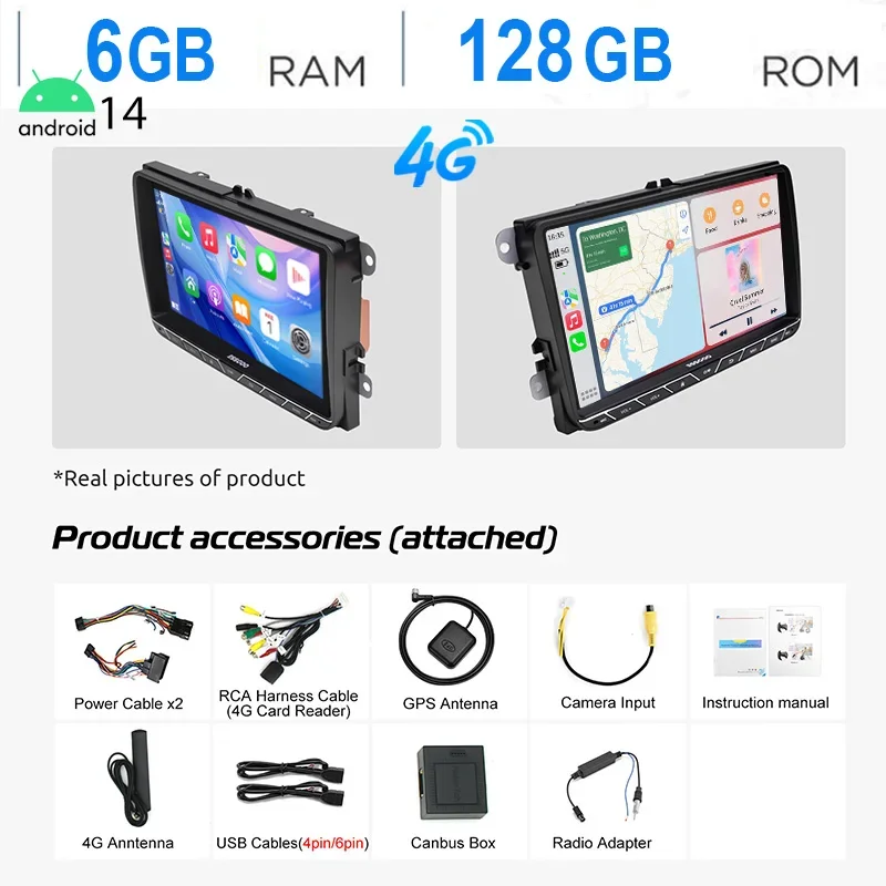 ESSGOO 9 "Android14 6 + 128G Autoradio Radio Draadloze Carplay Voor VW Golf 5 6 Passat Polo Touran Tiguan Jetta Caddy EOS 4G LET WIF