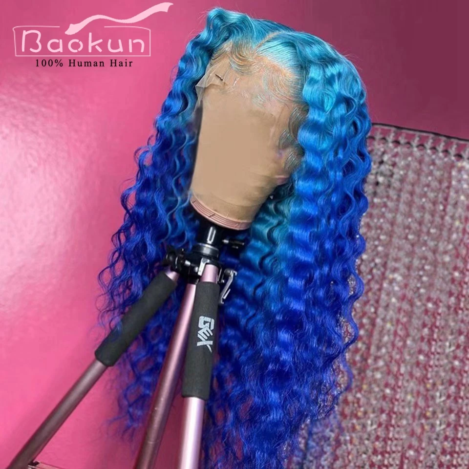 Pre Geplukt 13X4 Ombre Blue Lace Front Menselijk Haar Pruiken Gekleurde Mintgroen 180 Dichtheid Transparante 13X6 Hd Diepe Golf Frontale Pruik