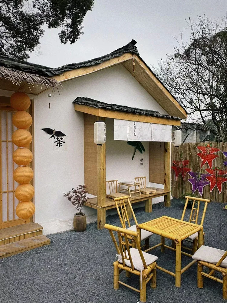 Bamboo Table and Chair Chinese Retro Garden Bamboo Table and Chair Combination Pure Hand-Woven Bamboo Table Bamboo Chair