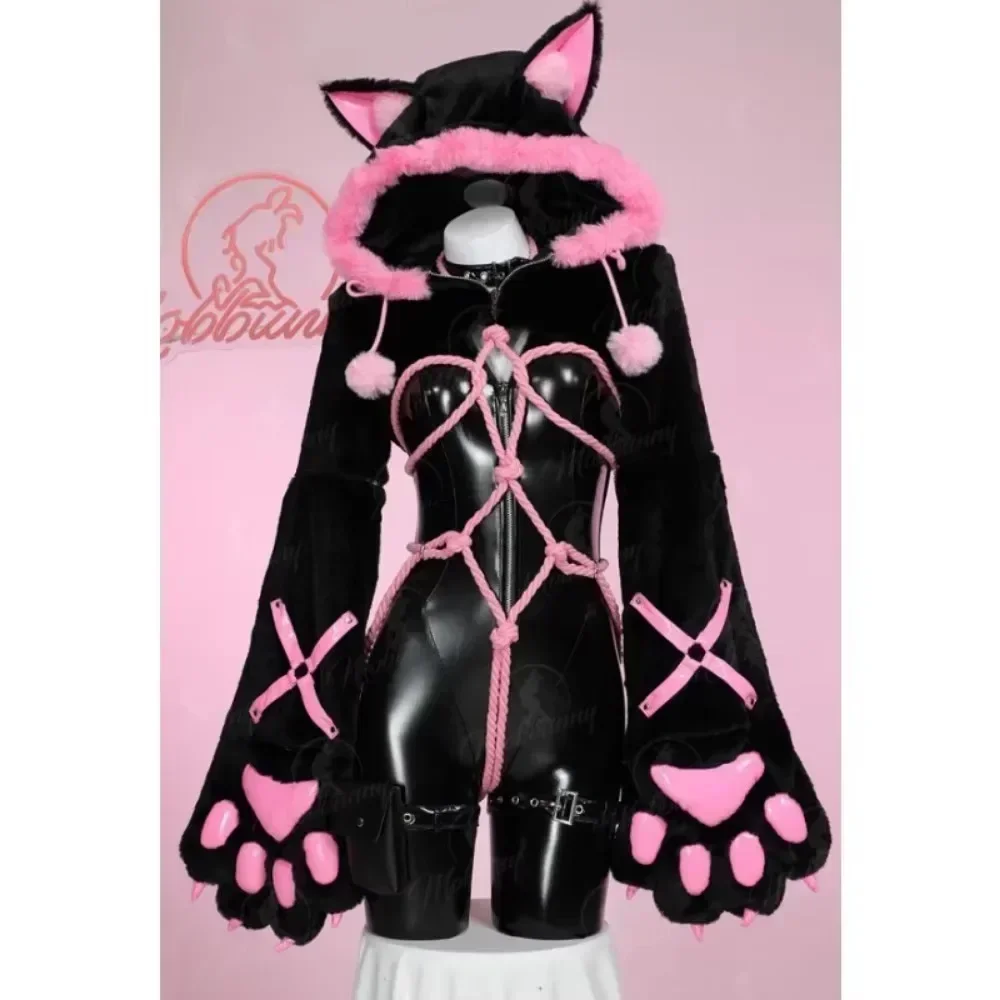 Mobbunny Lencería rosa para mujer, cadena de cuerpo de cuerda, accesorio de vendaje y mono de cuero para disfraz de Cosplay de Halloween