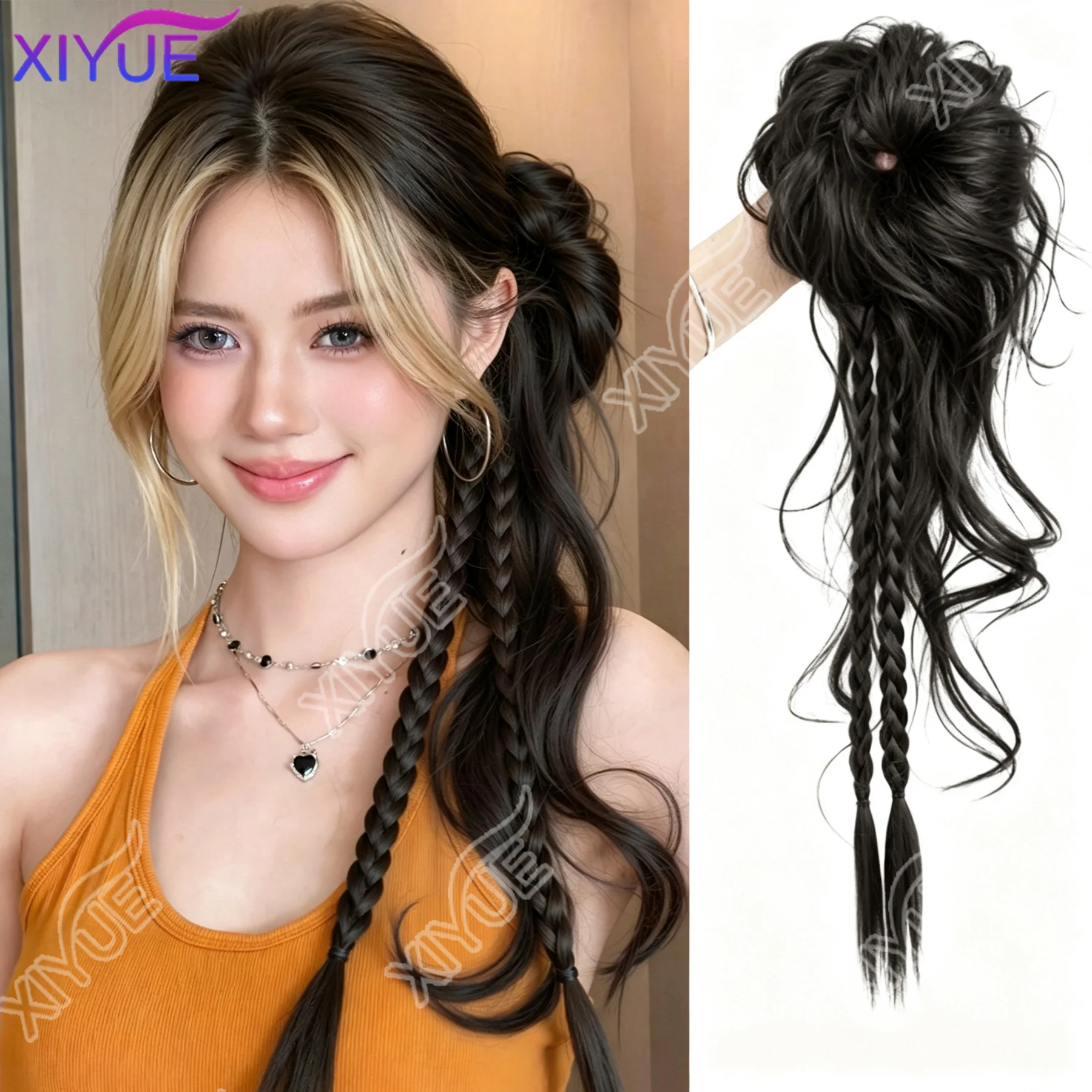 XIYUE Synthetic Hair Bun Chignon Y2K Braid Messy Curly Hair Band Elastic Scrunchy False Hair Pieces For Women Hairpins Hair XY