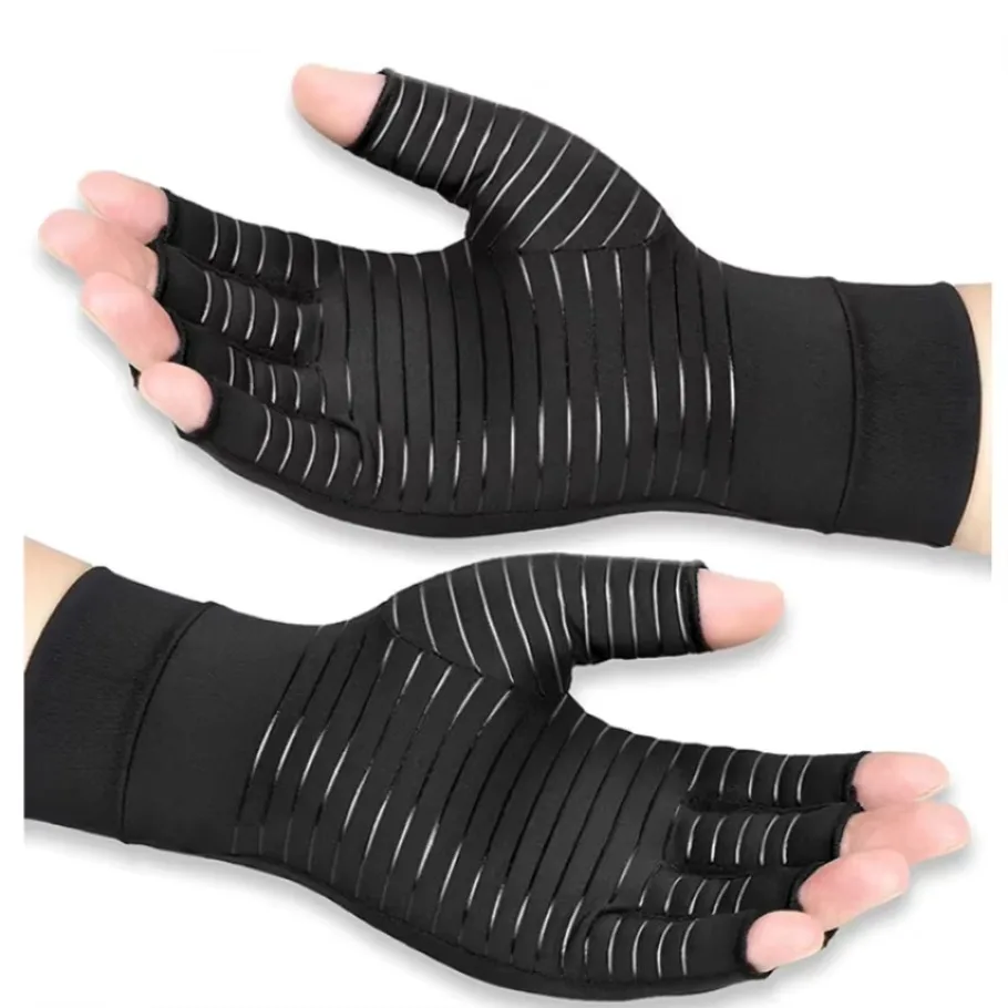 New Compression Gloves Hand Copper Arthritis Gloves Joint Pain Relief Half Finger Anti-slip Therapy Gloves For Womens Mens 1Pair