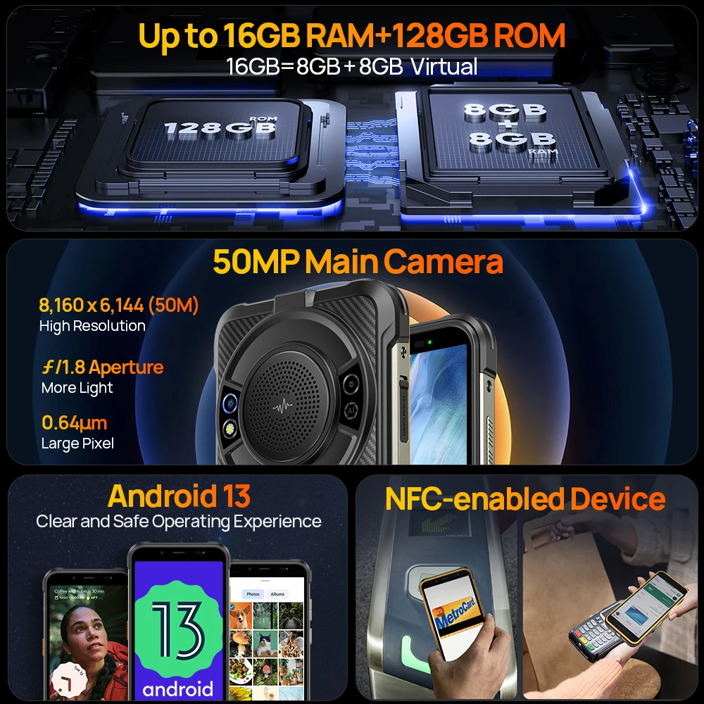 Imagem -06 - Ulefone-armadura de Potência 16s Smartphone Impermeável Robusto Android 13 Nfc Câmera 50mp 9600mah Global Speaker 122db 16gb Mais 128gb