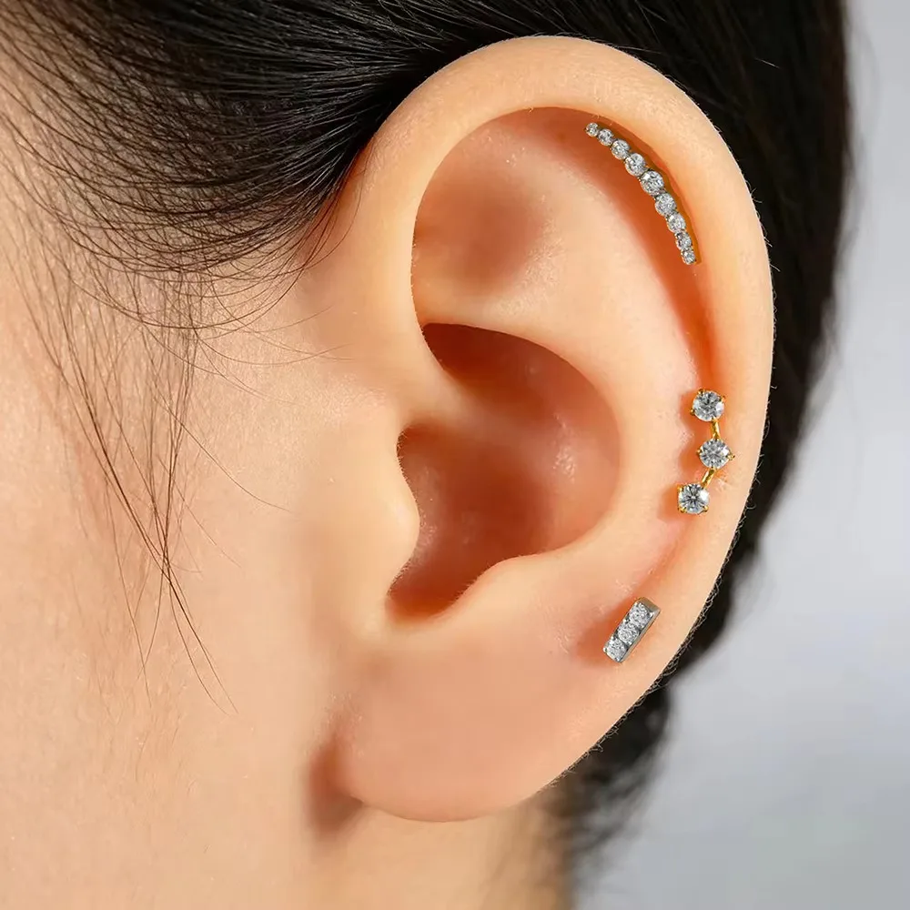 1PC G23 Titanium CZ Gem Labret Lip Studs Zircon Cluster Curved Helix Conch Cartilage Tragus Daith Earrings Piercing Jewelry 16G