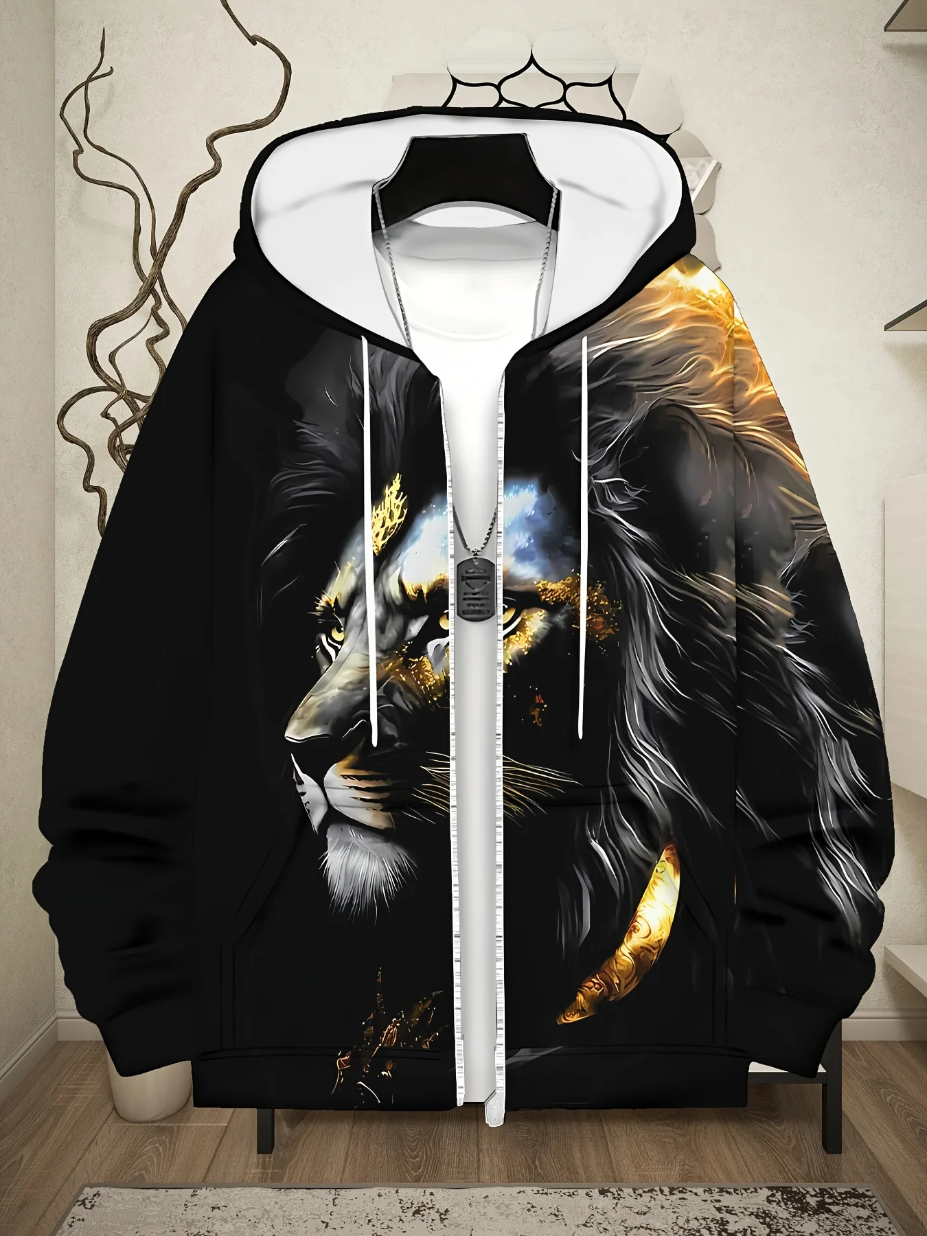 [Hoodie estiloso] Moletom com capuz com zíper e estampa de leão elegante |   Pulôver masculino de manga comprida com cordão, bolsos e tecido de poliéster quente