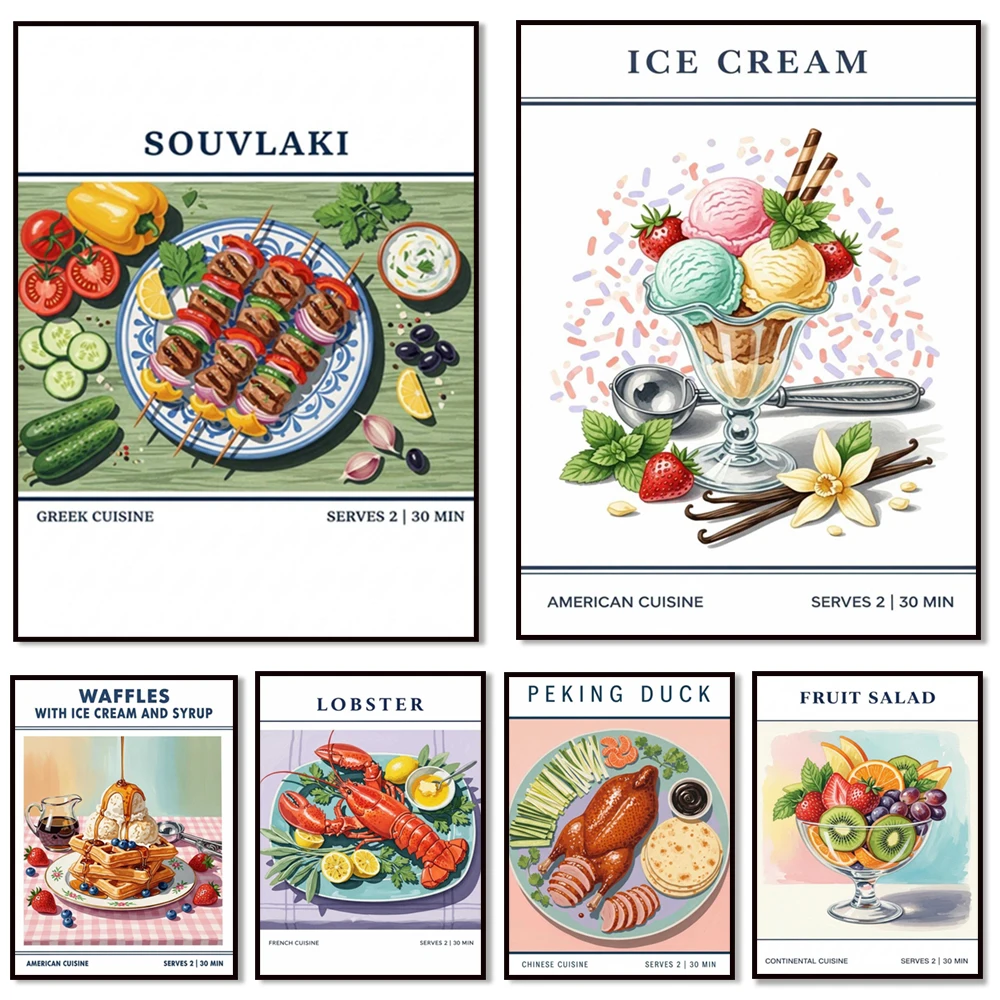 Fruit salad, Spanish paella, pearl milk tea, Peking duck, spaghetti bolognese, Jamaican lamb curry, Greek kebab, food poster