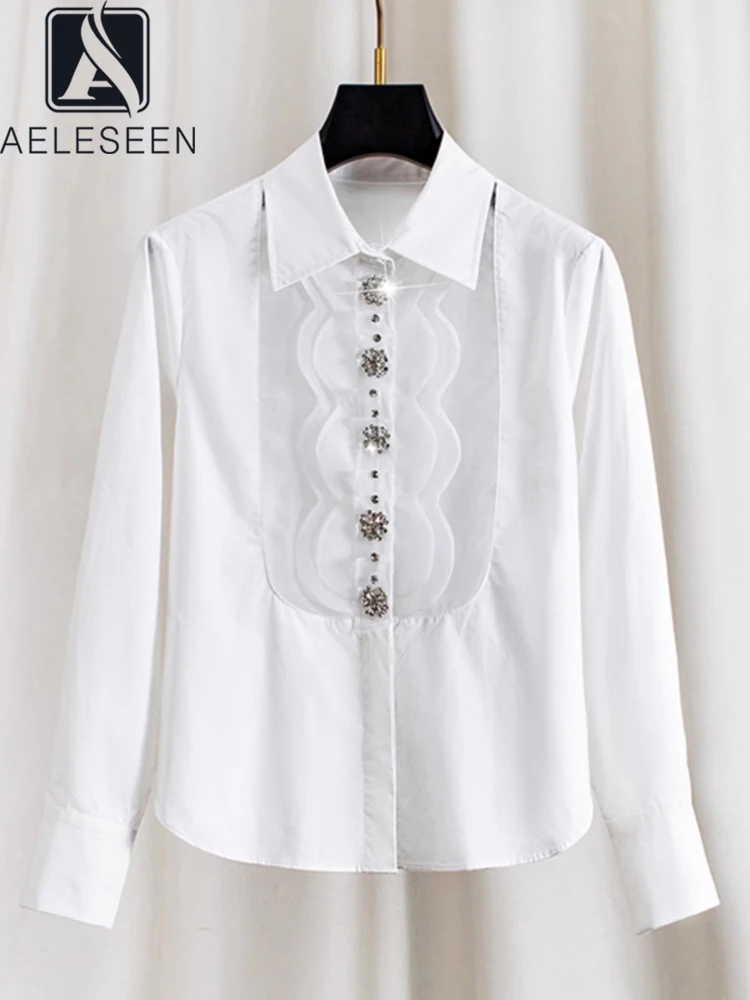 AELESEEN Runway Fashion 100% Cotton Blouse Women Designer Fashion Autumn Turn-down Collar Ruffles See-through Diamonds Elegant