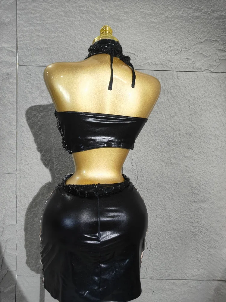 Ensemble haut et mini jupe en cristal noir sexy de luxe pour femmes, tenue de soirée moulante pour les clubs de soirée, les étapes et les nuits, 2025