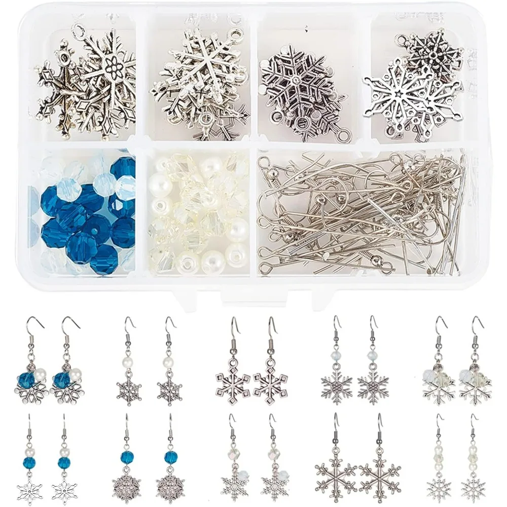 1 Box DIY 10 Pairs Snowflake Charms Pendant Crystal Dangle Earrings Making Kit Jewelry Findings Crafts Wedding Bridesmaid