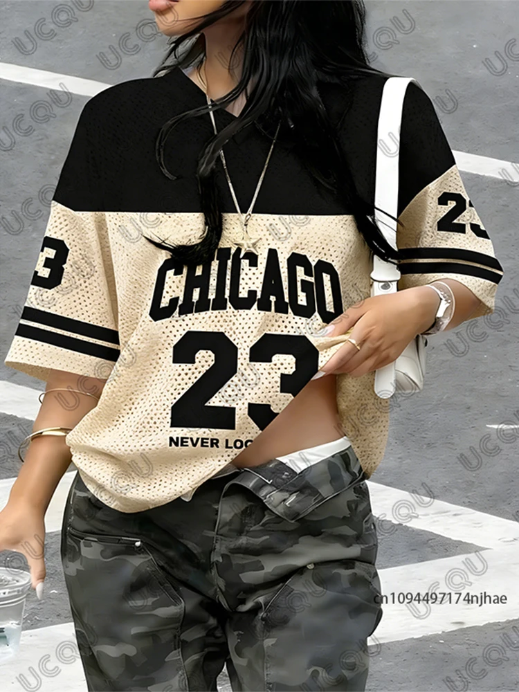 Summer New Chicago No.23 Print T-Shirt For Women Patchwork V-Neck Short Sleeve Sports Football Jersey Y2K Loose Oversized Tops
