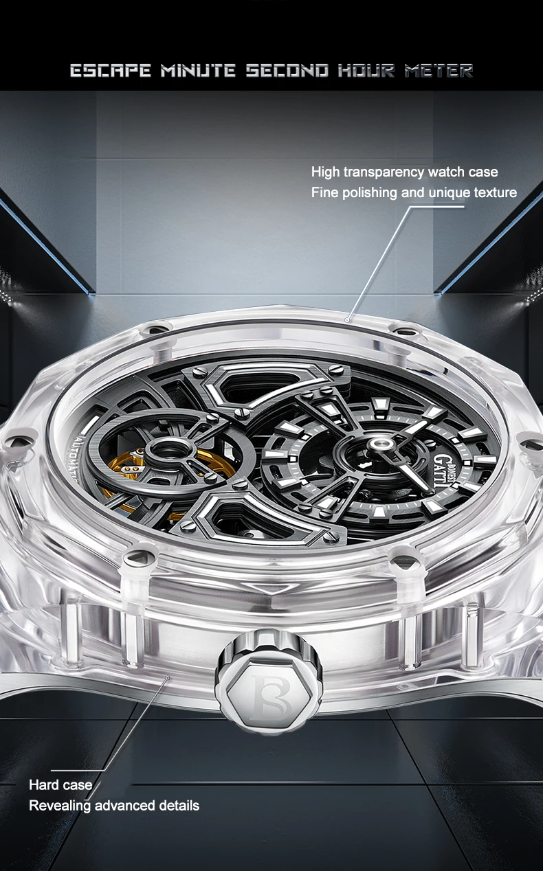 BONEST GATTI Мужские автоматические часы 45 мм Механические наручные часы Акриловый корпус Сапфировый светящийся ремешок из фторкаучука Скелетонизированный циферблат