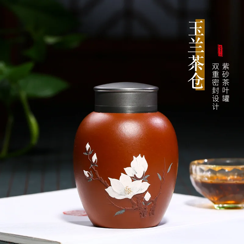 Handmade Small Tea Leaf Jar Modeling Clay Painted Magnolia Sealed Storage Tea Warehouse Can Words Portable Rain Medium Sand Manu