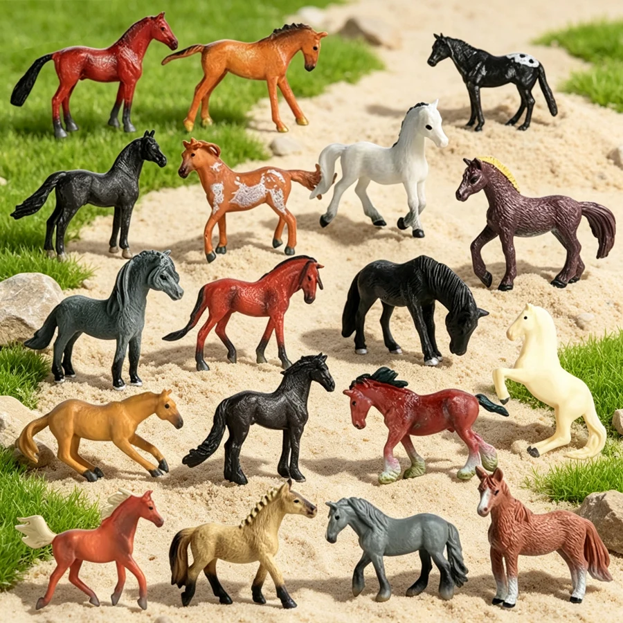 18 Stück Plastik Mini-Pferdefiguren, Bauernhoftiere, Pferdefigurinen, Pferde-Fohlen-Spielzeug, Tortendekoration, Partygeschenk für Jungen und Mädchen