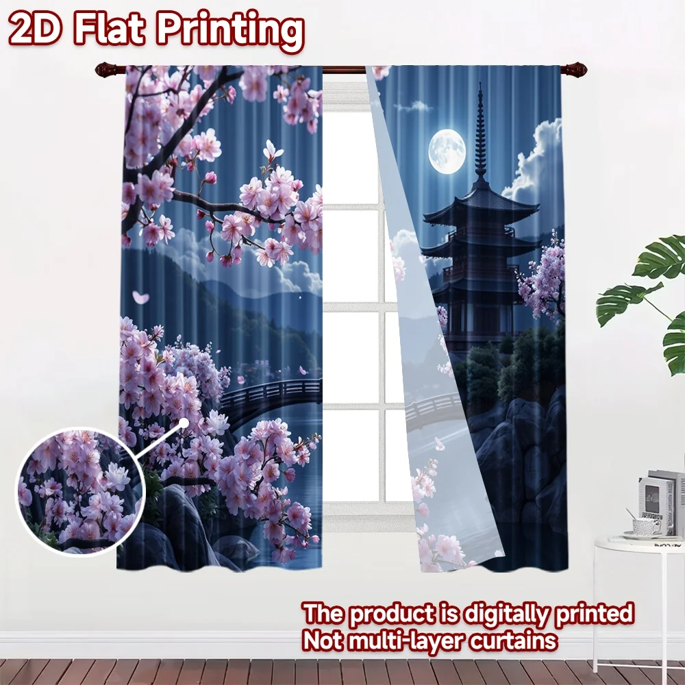 2D flat 2pcs Curtain Retro Country Style Moonlit Cherry Blossom Pagoda Digitally printed polyester Party Decorations for Indoor