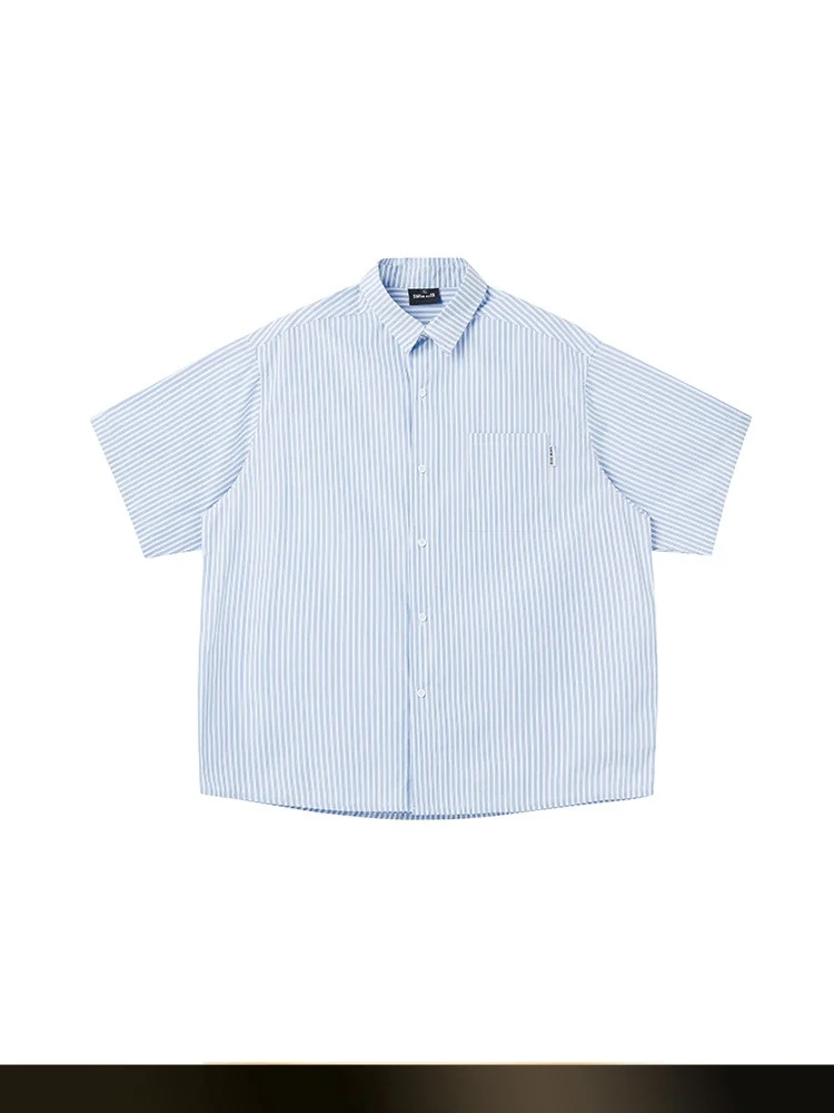 

Мужская повседневная летняя рубашка Nted в японском ретро-стиле, синяя в полоску, с пэчворком, с коротким рукавом, свободного кроя, молодежный стиль, хлопок/полиэстер