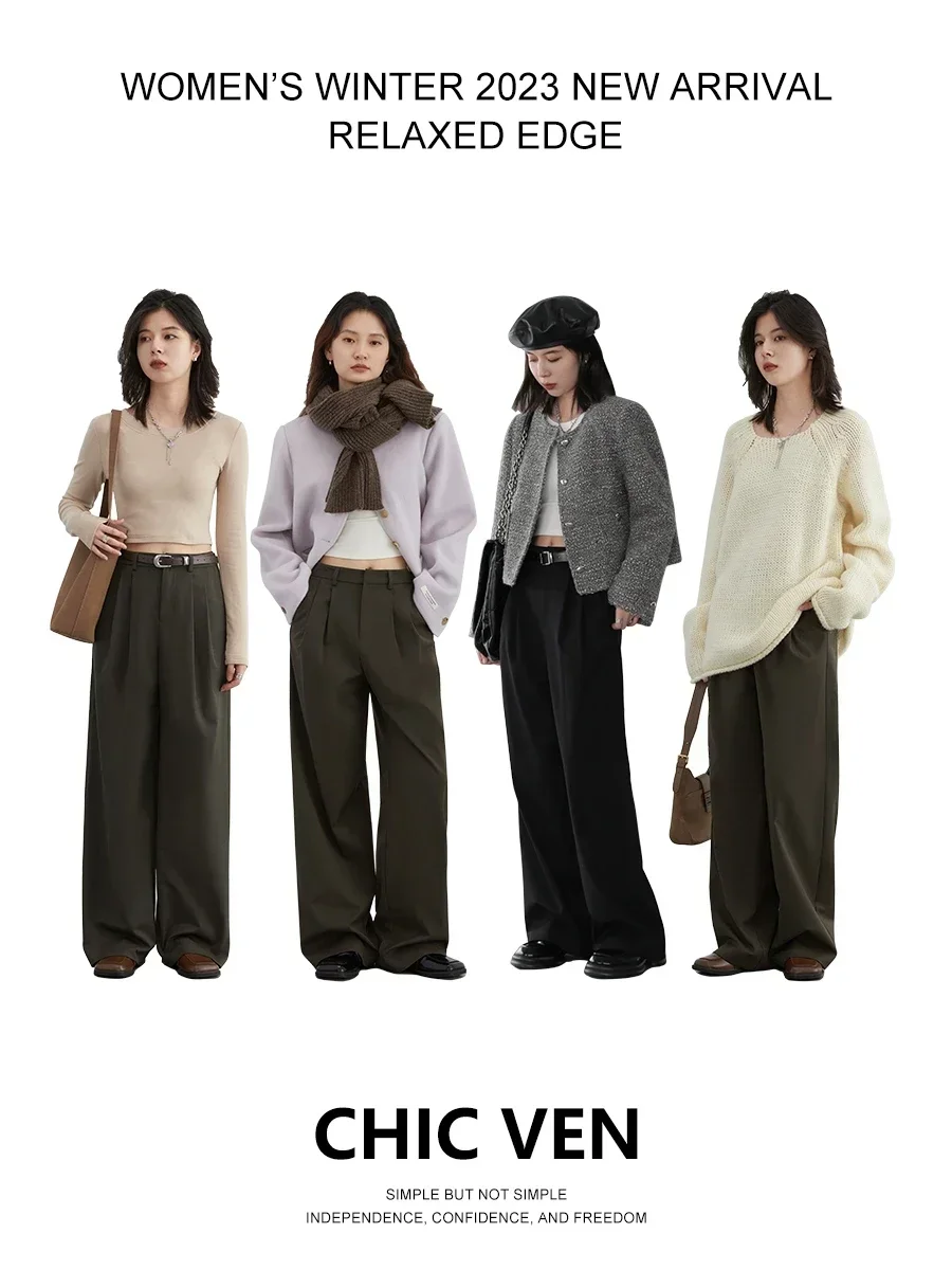 CHIC VEN Women's Pants Casual Loose New High Waisted Pleated Wide Leg Pants Straight Woman Trousers Winter Autumn 2023