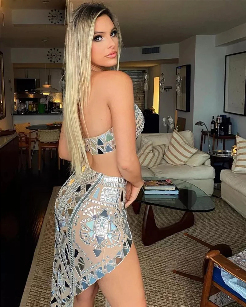 Vestido corto transparente con diamantes de imitación plateados, traje sexy para fiesta de cantante, Club y celebración de cumpleaños