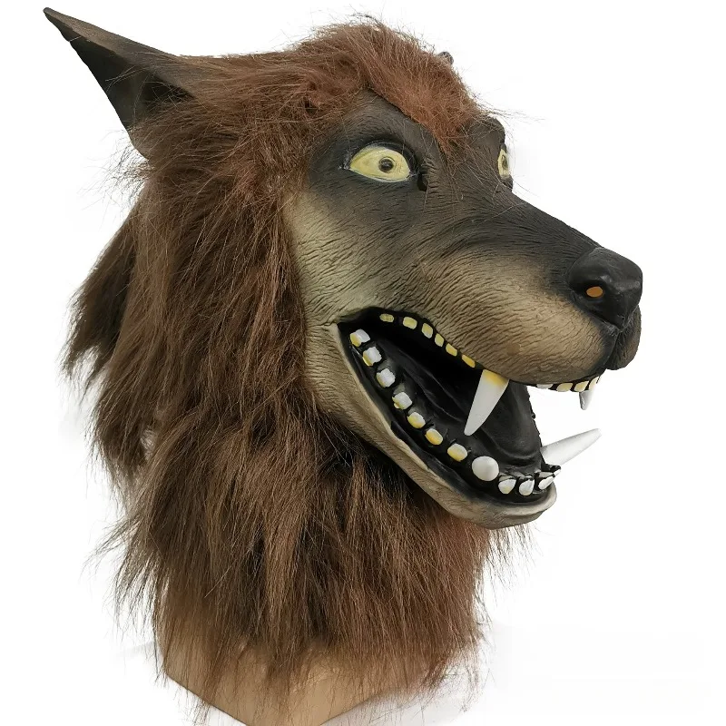 

Маска с имитацией головы коричневого волка, латексная маска для головы волка, реквизит, маска с головой волка с каштановыми волосами, головной убор, светящиеся маски для ролевых игр