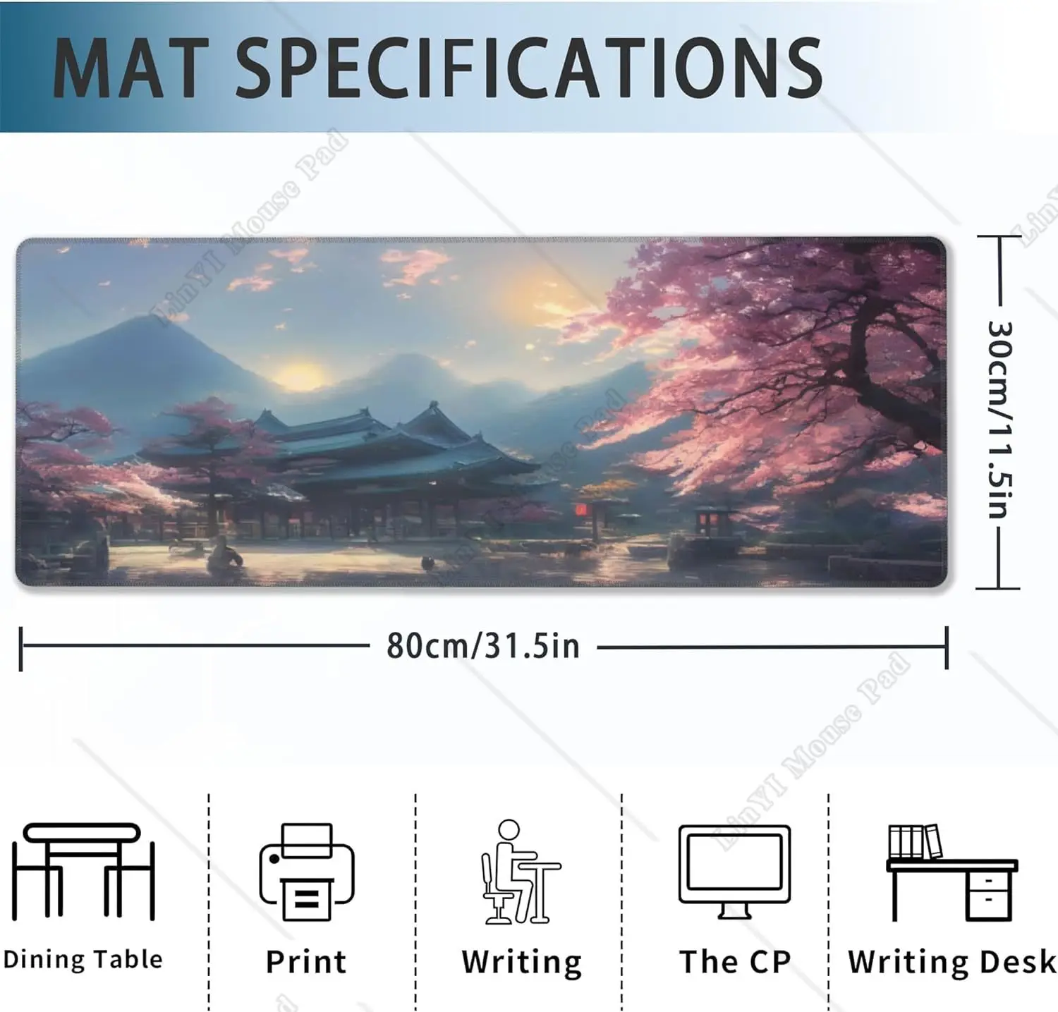 Spring Cherry Blossoms Gaming Mouse Pad Fantastic Shrine Desk Mat with Non-Slip Base Stitched Edge for Office Work 31.5x11.8 In