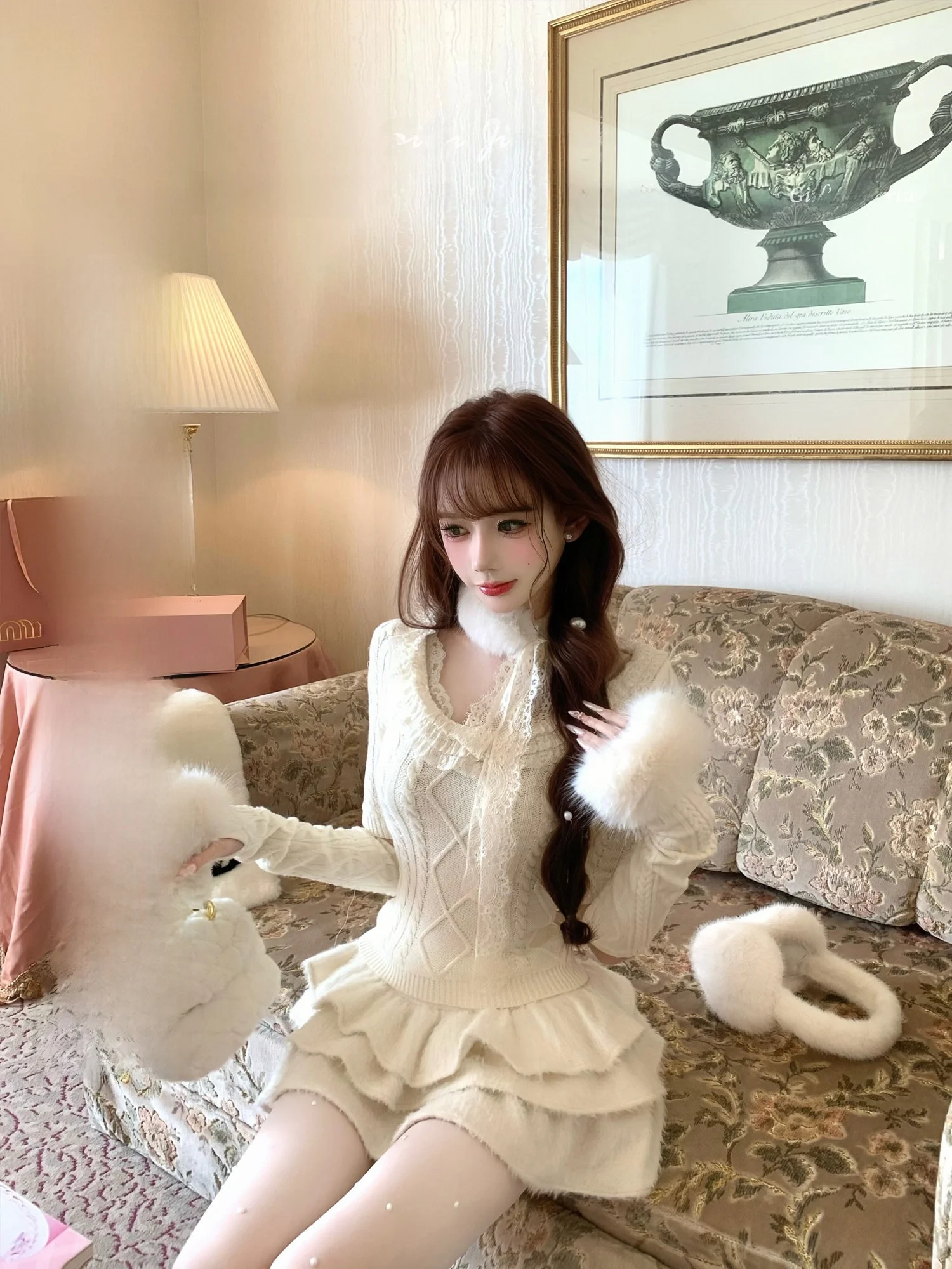 

Комплект из двух предметов: вязаный топ с кружевной отделкой и шерстяная короткая юбка SISI JIANG Almond Roast Milk, с длинными рукавами, осенний стиль