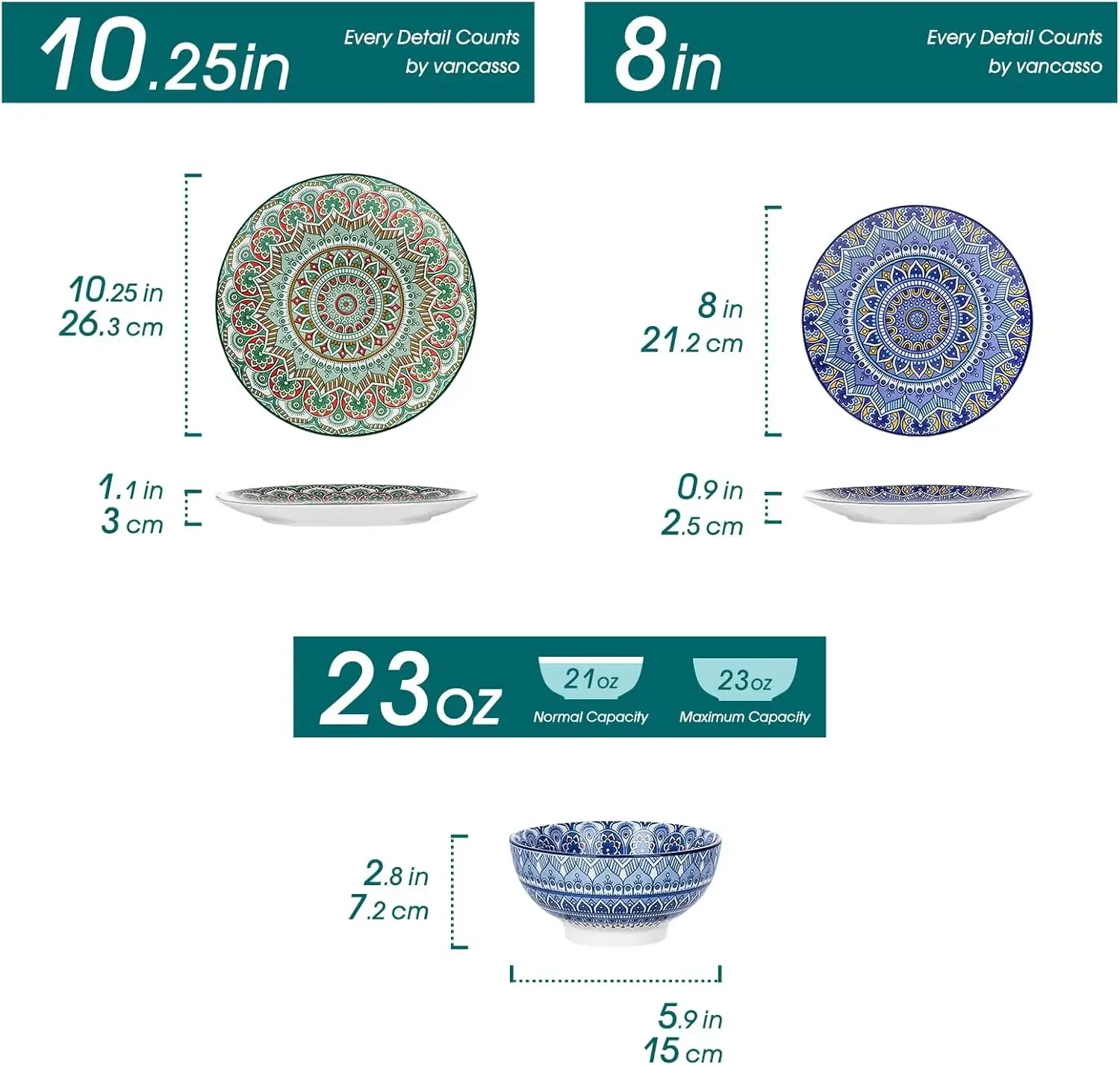 vancasso Mandala 12 Pieces Dinnerware Sets, Porcelain Dinner Set for 4, Boho Plates and Bowls Set, Colorful Dish Set