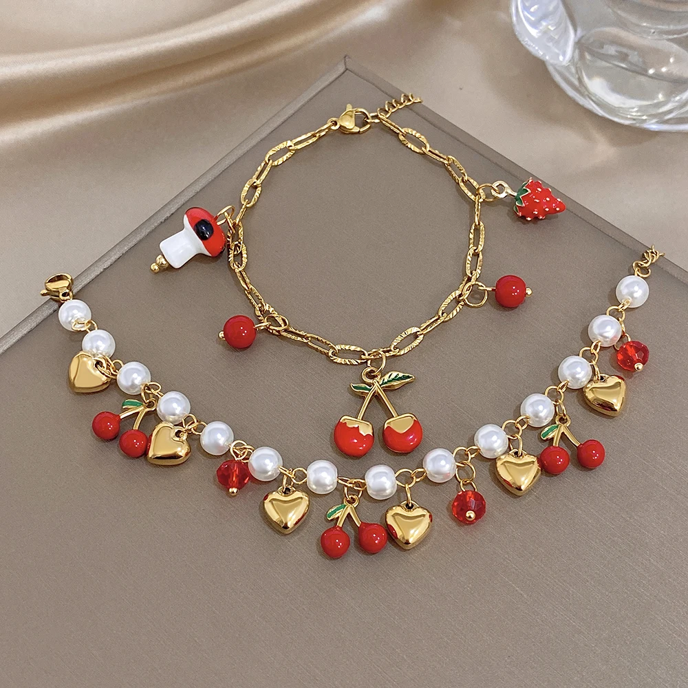 AENSOA Golden Stainless Steel Bangle Red Cherry Mushroom Interspersed Small Heart Pearl Popular Versatile Bracelets For Women