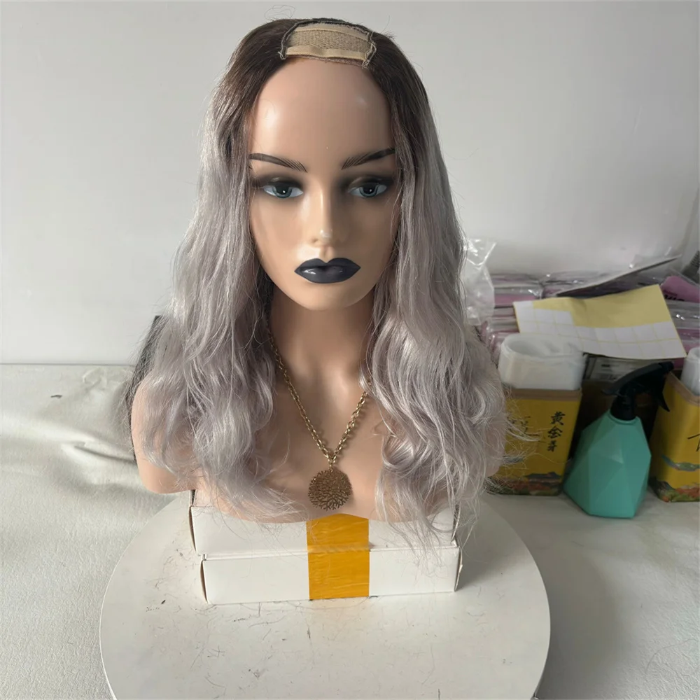 

2x4 U Part Wig Ombre Grey Blonde Human Hair Wigs Dark Roots Remy Hair Loose Wave Lace Wigs 18" 20" 200 Density Ready to Ship