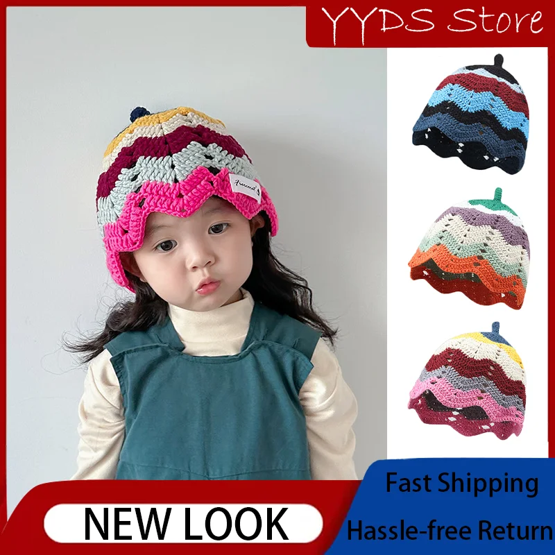 Parent-child Hand-puzzled Color Rainbow Knit Lace Fisherman Hat Kids Onion Head Wavy Pattern Pacifier Openwork Beanie