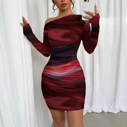 Sexy Off Shoulder Long Sleeve Bodycon Mini Dress Women 2025 Spring Slim Club Wrap Hip Print Dresses For Women Robe Femme