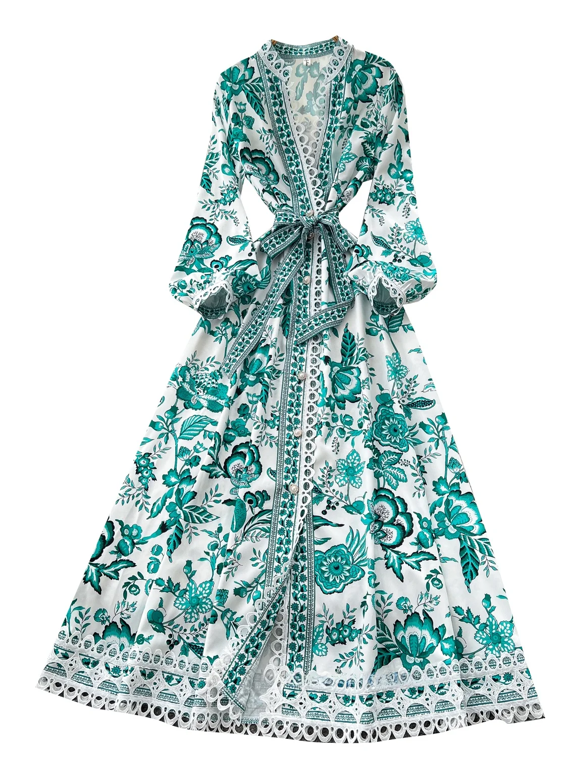 우아한 플로럴 프린트 맥시 드레스 여성 여름 버블 소매 크로스 넥 타이 허리 A라인 롱 스커트 하이 웨이스트 폴리에스터 섬유