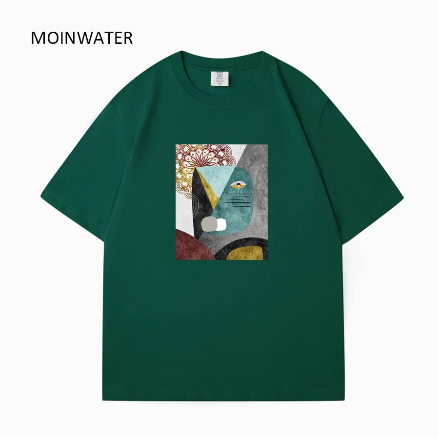 MOINWATER Women New 2023 Dark Grey T shirts Female Cool Abstract Printed 100% Cotton Short Sleeve Tees Tops for Summer MT2318