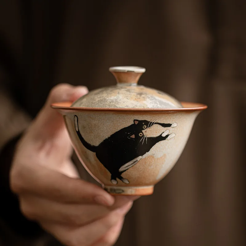 

130 мл винтажный милый фарфоровый гавайский набор Zhi Ye Cat для чайного сустава, чашка для чайной посуды, китайские миски с ручной росписью, набор для чайной церемонии Chawan