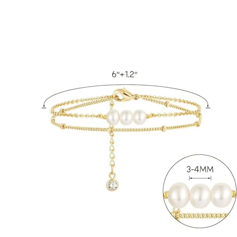 

MEDFOLY Exquisite Pearl Bracelet for Women Multilayer Stainless Steel Anti-allergy Waterproof CZ Tassel Bead Ankle Chain Jewelry