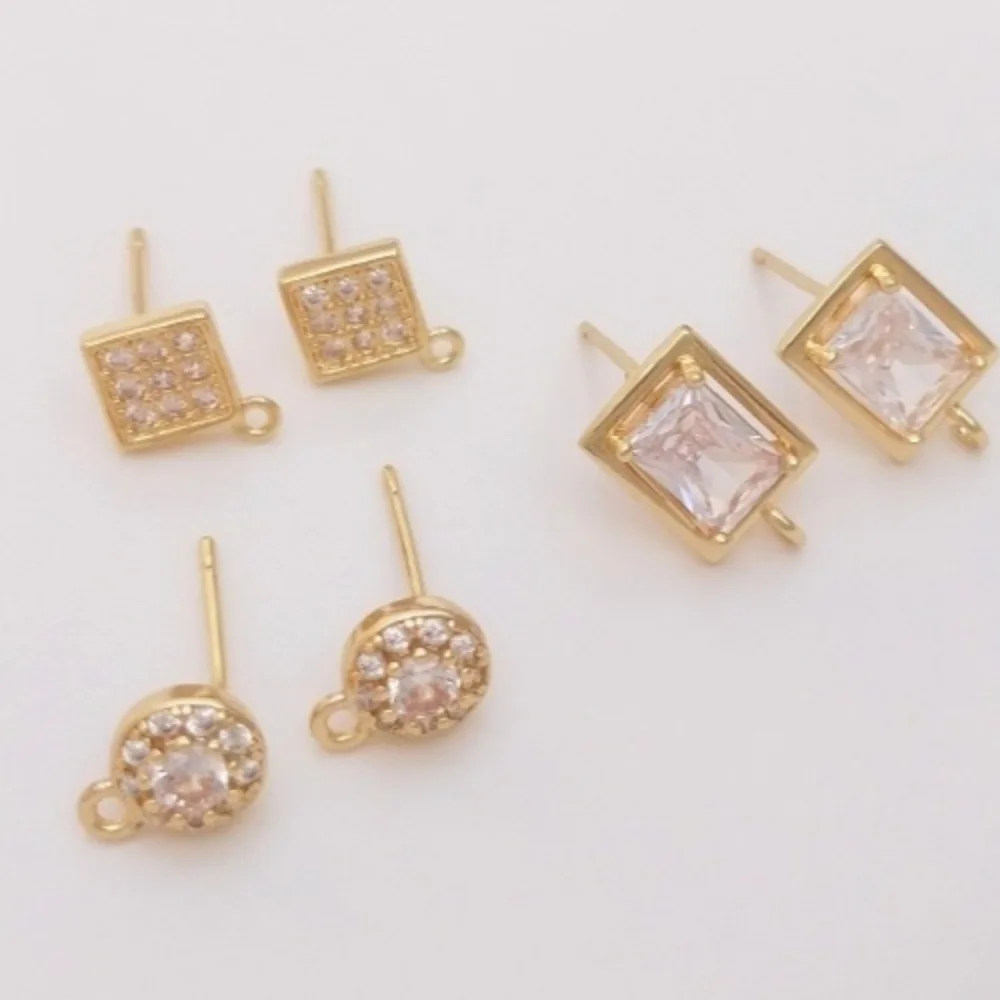 

14K Gold Color Inlaid Zircon Round Rhombus Rectangle with Rings Earrings Handmade DIY Ear Jewelry Accessories