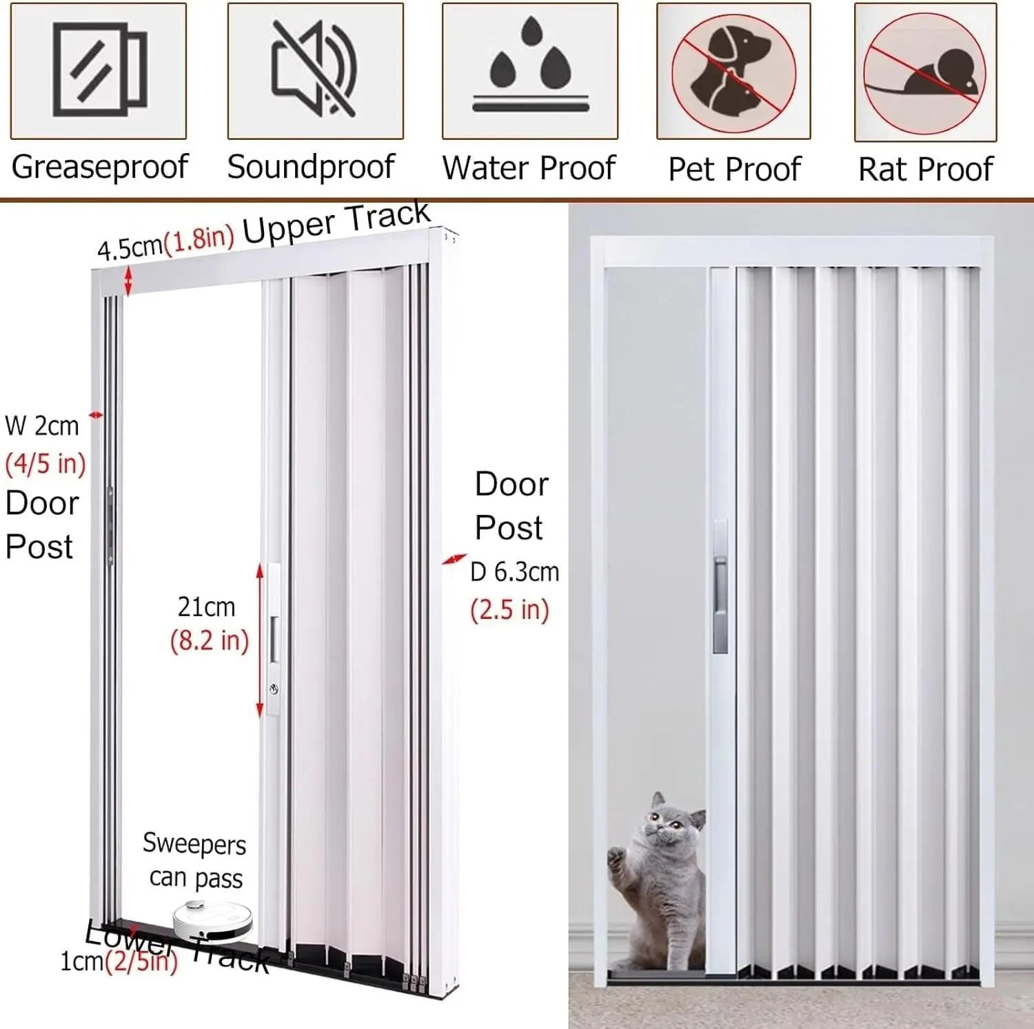 Folding Closet Doors Double Accordion Door White With Lock, Keys And Handle, Aluminum Internal Sliding Door For Basement,